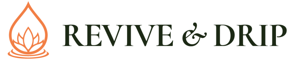 Revive and Drip logo featuring a vibrant orange drop with an outlined lotus inside and two rings encircling the base of the drop, symbolizing rejuvenation and wellness. The logo is accompanied by the brand name 'Revive & Drip' in dark green Cormorant bold font, representing the med spa's commitment to providing a range of services including IV therapy, Botox, fillers, aesthetic treatments, and weight loss programs.